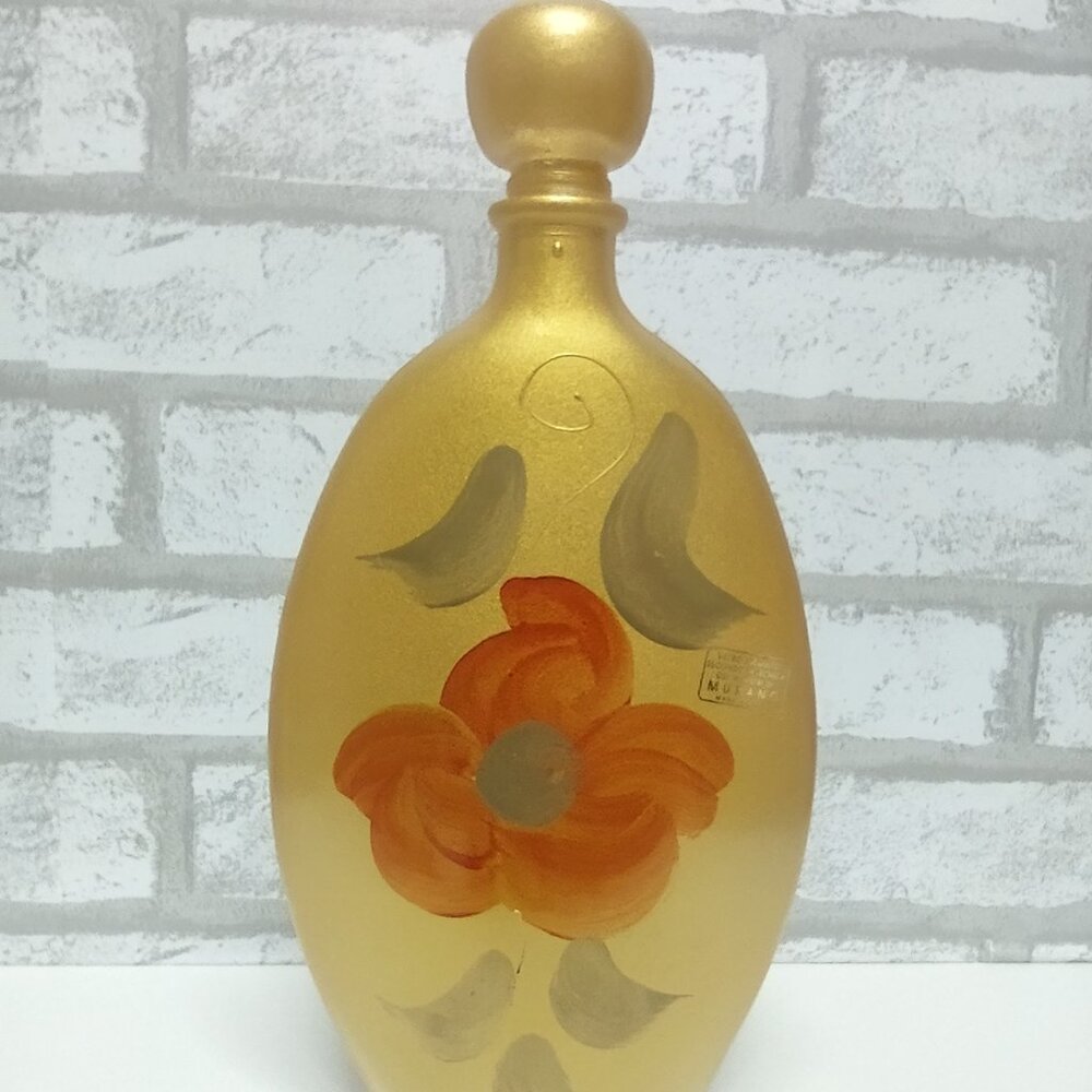Murano Painted Art Glass Decanter Bottle Red Flower with Stopper Gold Yellow